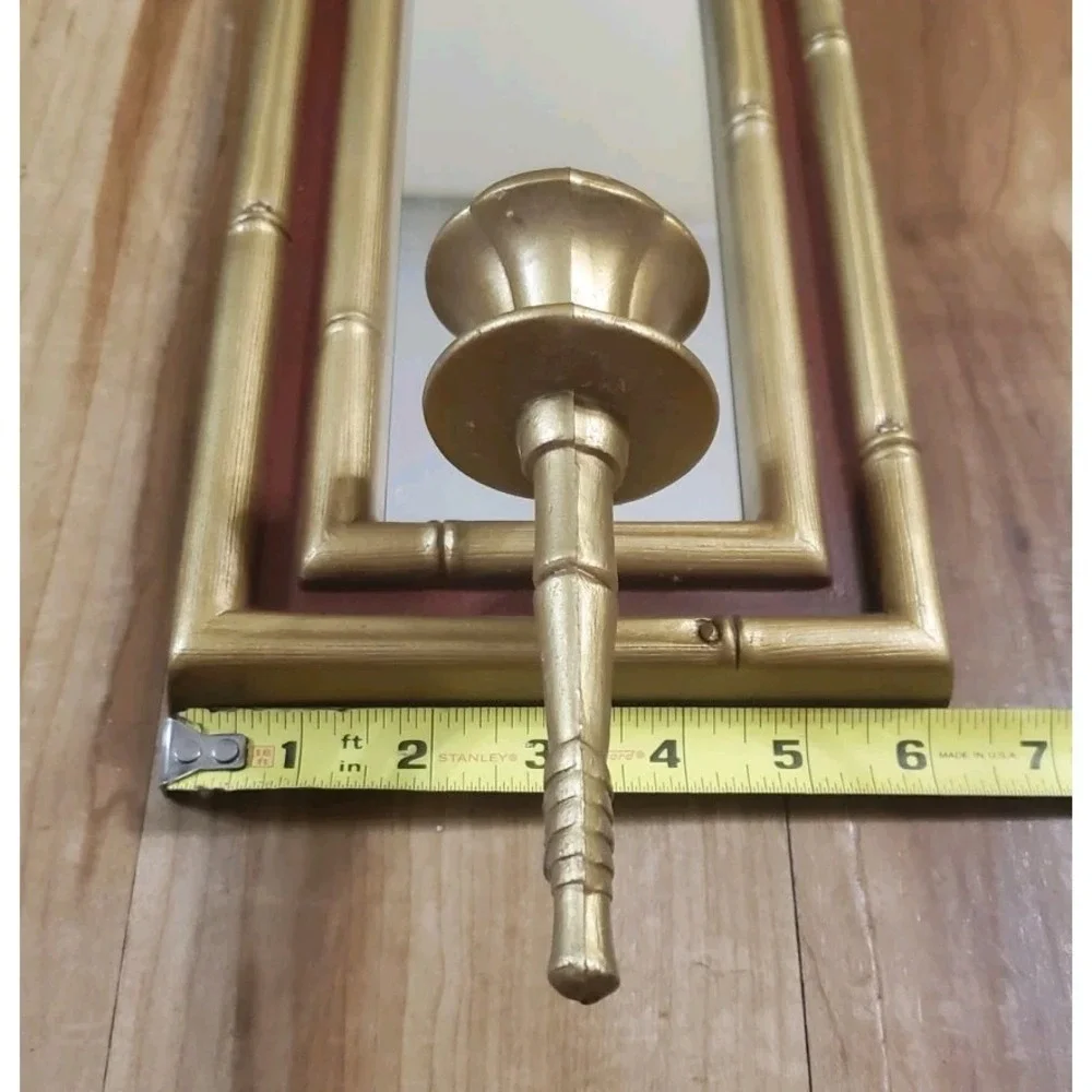 Vintage Hollywood Regency Gold Tone Red Bamboo Wall Sconce Candleholder